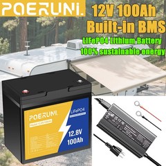 POERUNI 100Ah 12.8V LiFePO4 Lithium Battery with BMS 100Ah + 14.6V 20A Charger