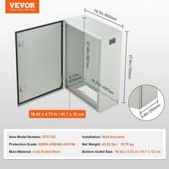 Steel Electrical Box, 27.6 x 19.7 x 9.8 in, Cold Rolled Steel Electrical Enclosu