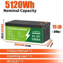 48V 100Ah 5120Wh LiFePO4 Lithium Battery Built-in BMS Deep Cycles For Golf Cart