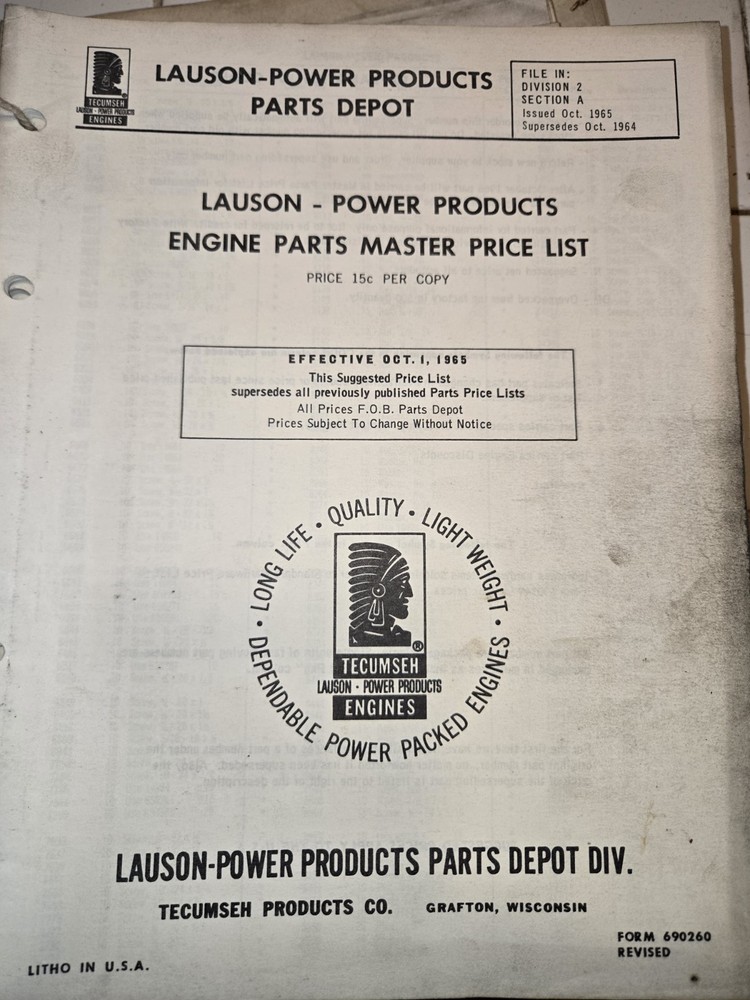 1965 Tecumseh ENGINE PARTS MASTER PRICE LIST LAUSON POWER PRODUCTS PARTS DEPOT