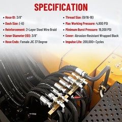 36 inch Hydraulic Hose Kit #6 JIC Female Straight Swivel Fittings 4800PSI