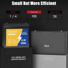 POERUNI 100Ah 12.8V LiFePO4 Lithium Battery with BMS 100Ah + 14.6V 20A Charger
