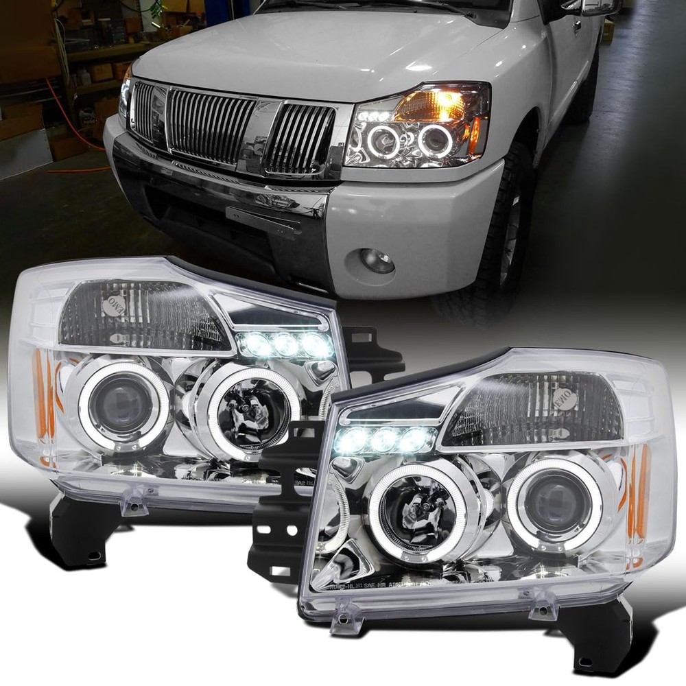 2004-2015 Nissan Armada Titan LED Dual Halo Projector Headlights Pair Chrome