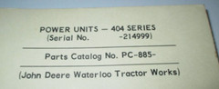 John Deere 404 Series Power Unit Engine Parts Catalog 10/67 (up to s/n 214999)